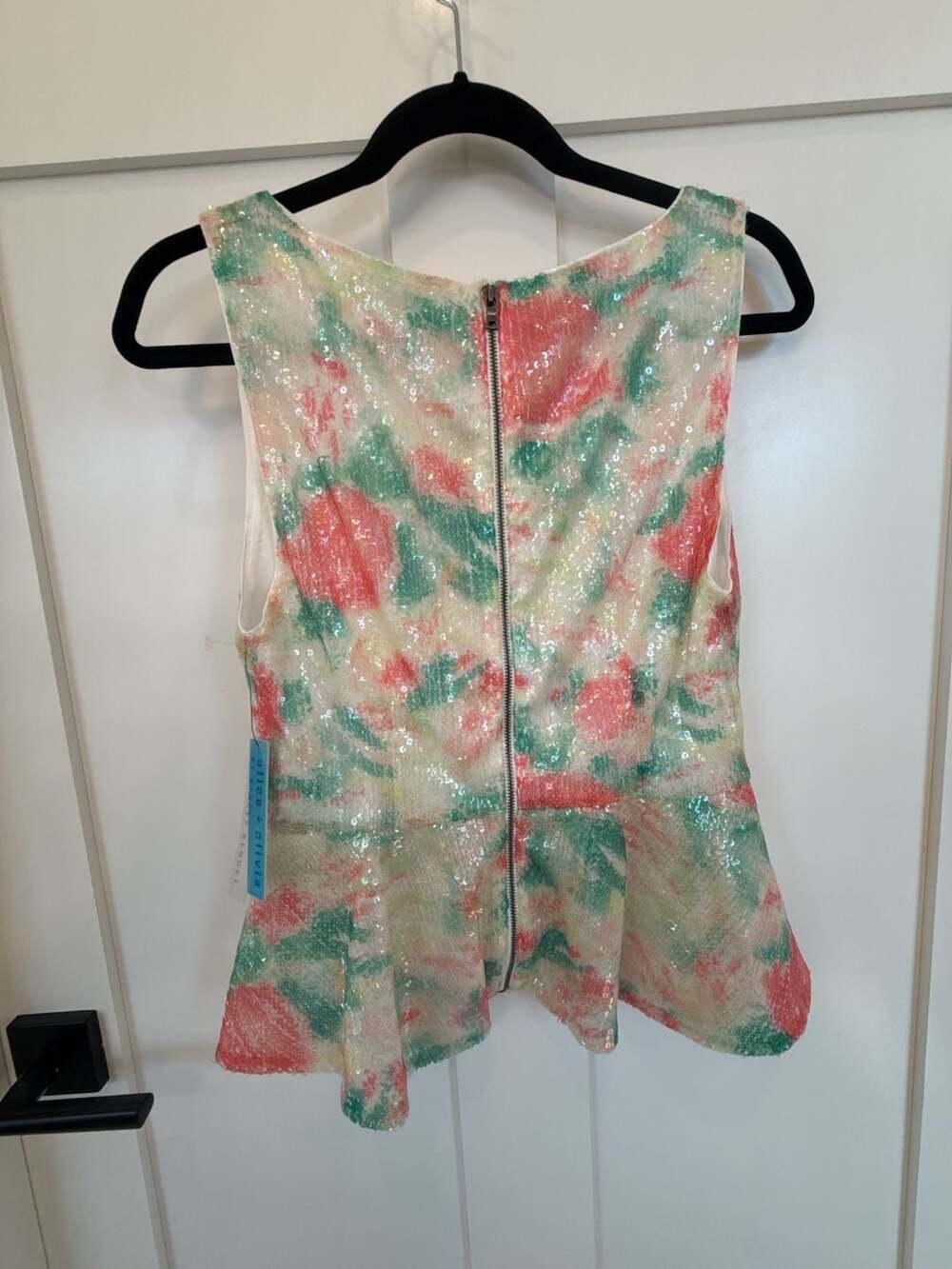 alice + olivia Rosie Abstract Garden Sequined Peplum Top - Picture 7 of 9